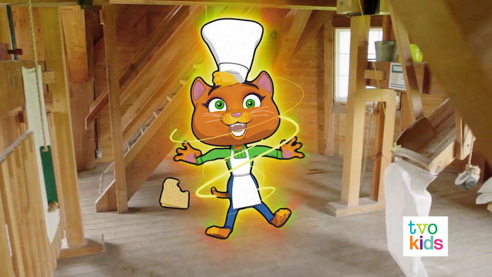 an orange cat with a chefs hat floats into the air, powered by healthy food