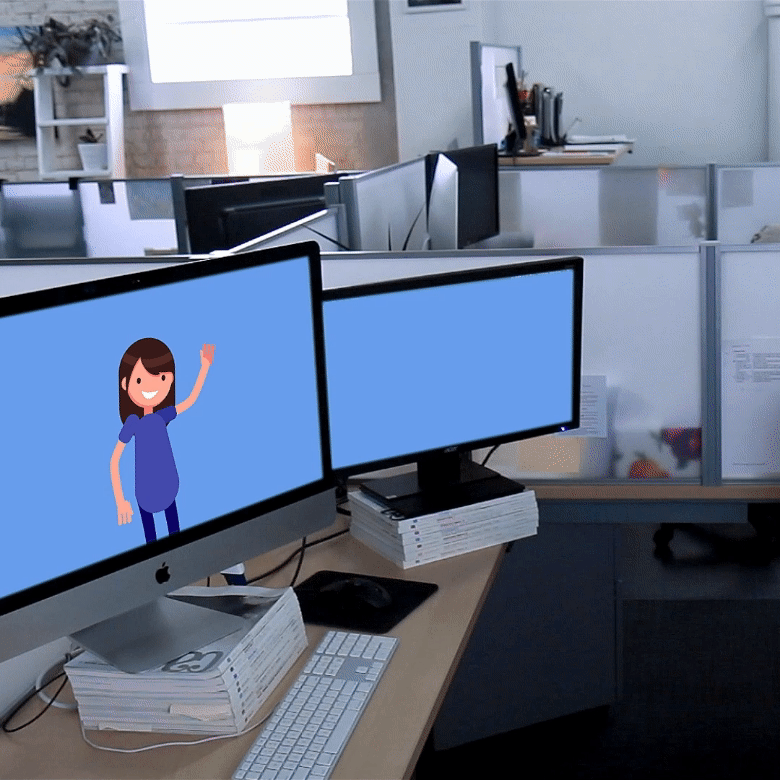 a cartoon girl flies across two computer monitors like a superhero