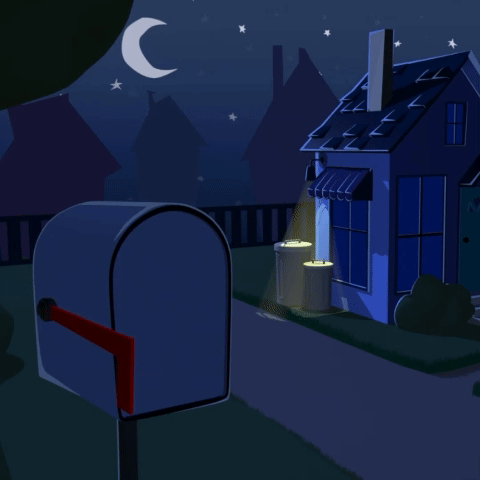 animation of a view of a small house and mailbox in the night