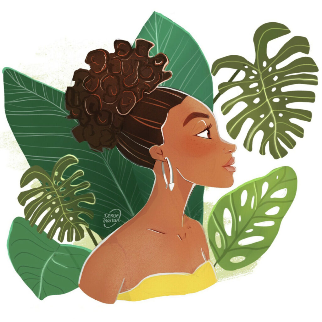 an illustration of an elegant woman, standing in front of tropical leaves