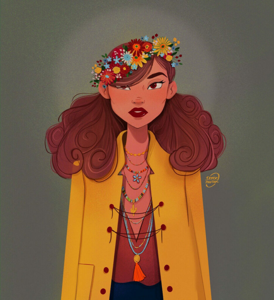 an illustration of a girl with a fashionable jacket and a halo of flowers
