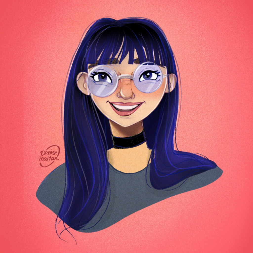 an illustration of a fashionable girl with purple hair and round glasses