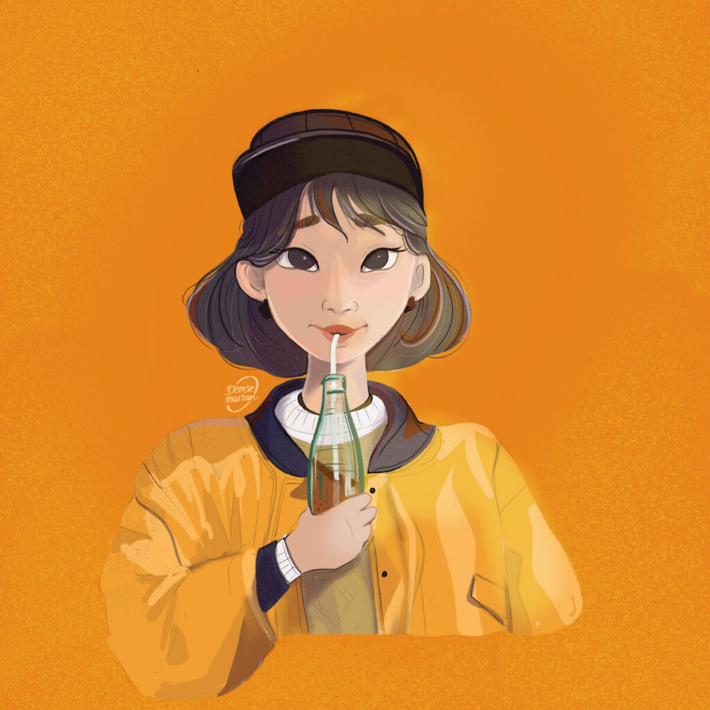 an illustration of a girl drinking a coke through a straw. they have a cool yellow varsity jacket with black trim on