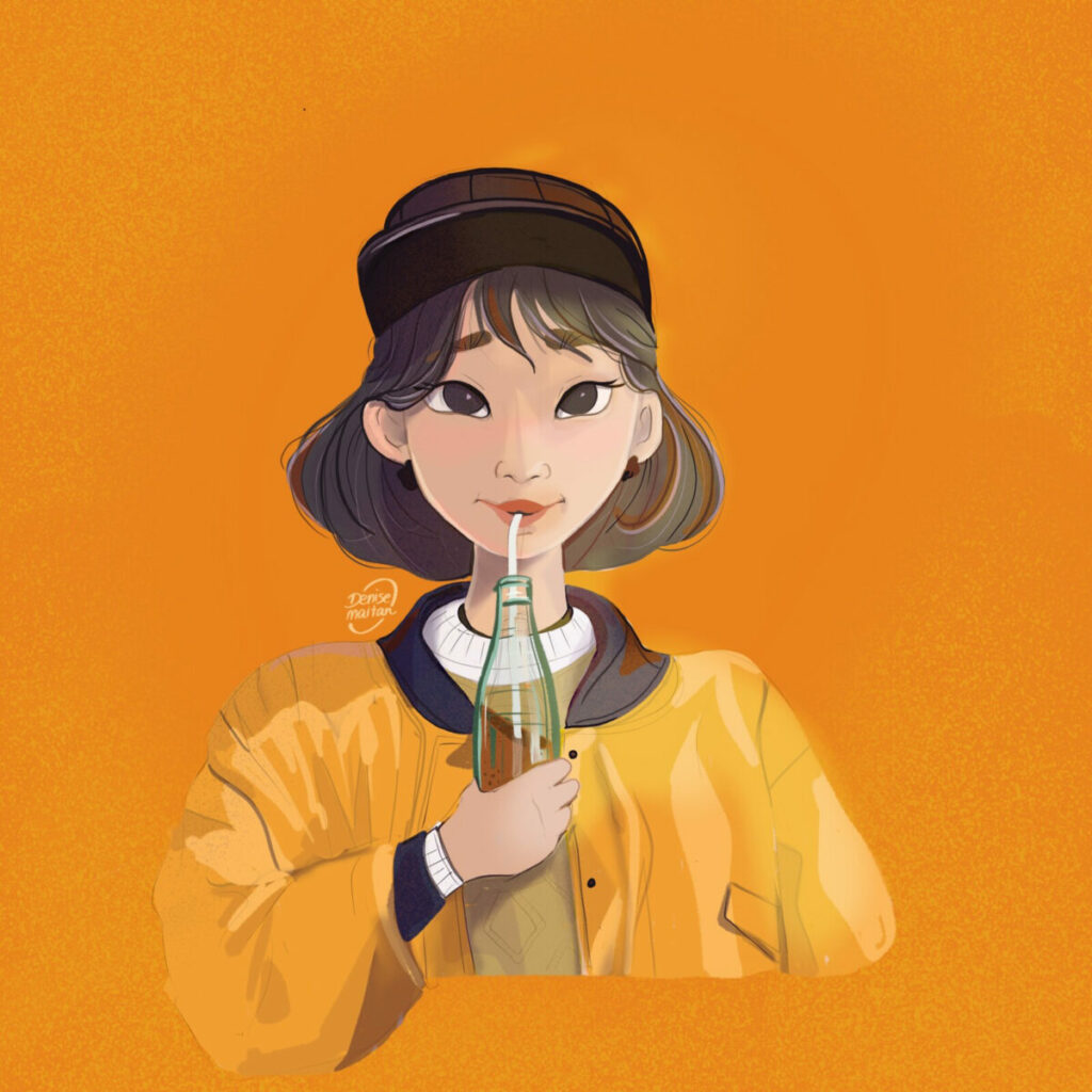 an illustration of a girl drinking a coke through a straw. they have a cool yellow varsity jacket with black trim on