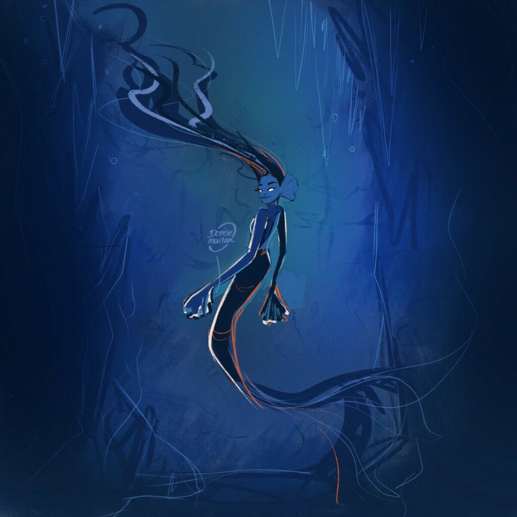 an illustration of a dramatically long mermaid, in a dark underwater cavern