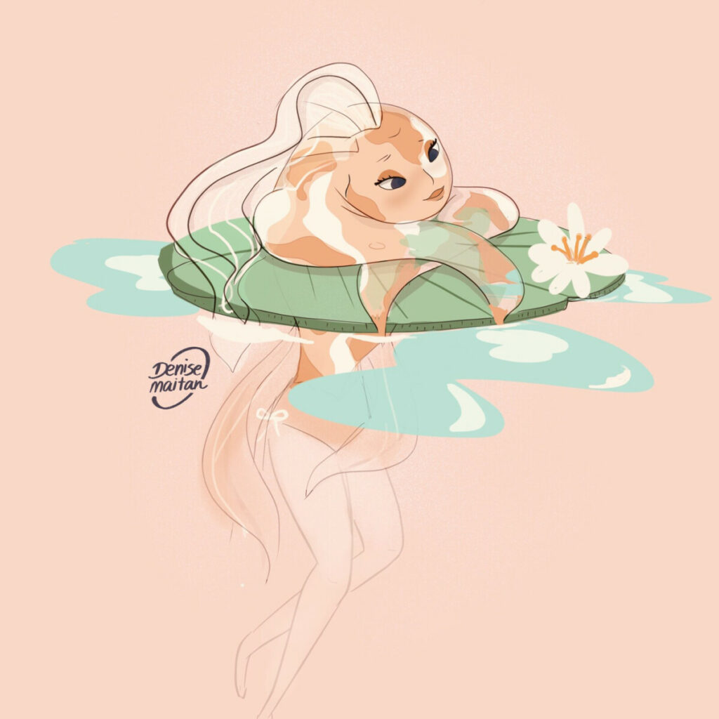 an illustration of a pensive mermaid leaning on a lily pad. The top half is fish and the bottom half is human.